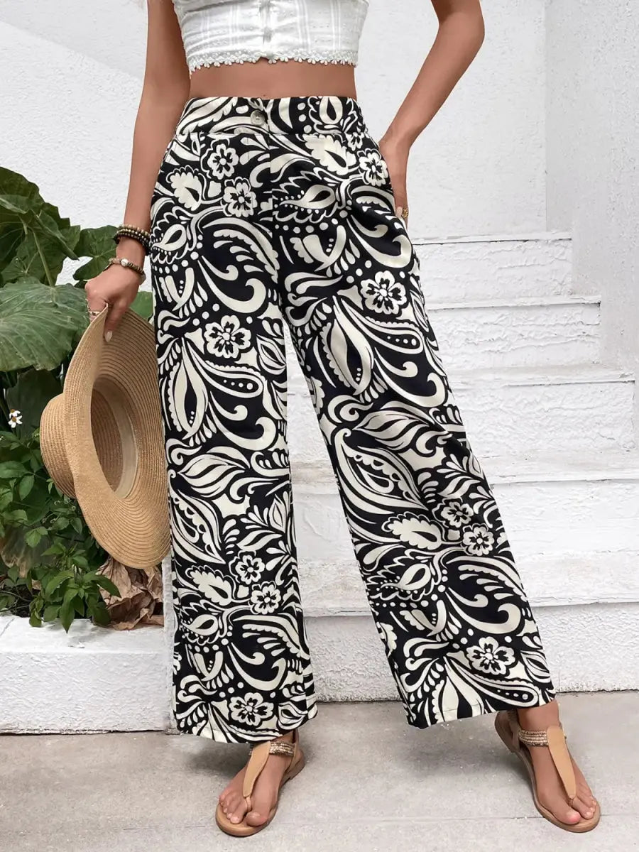 Stylish Printed Wide Leg Pants with Pockets and Buttons - Love Salve